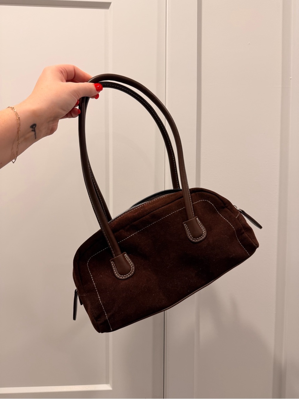 Dark Brown Suede Shoulder Bag with Leather Handles